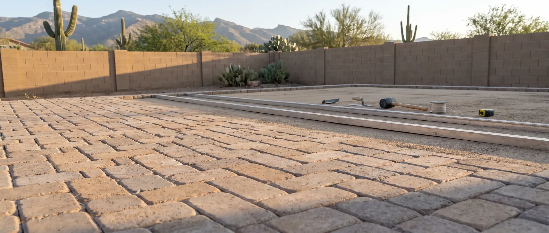 Paver field being laid out across a Tucson yard