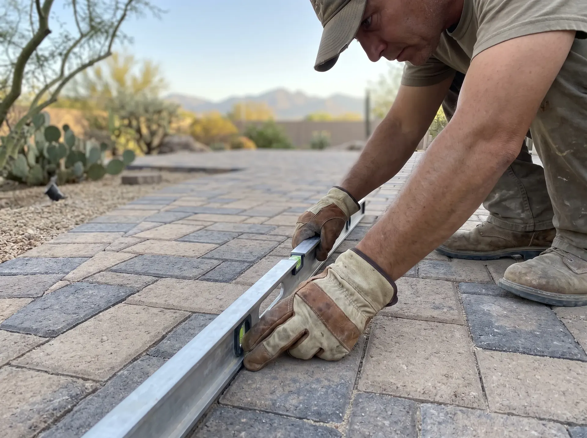 Checking level across a freshly laid paver field