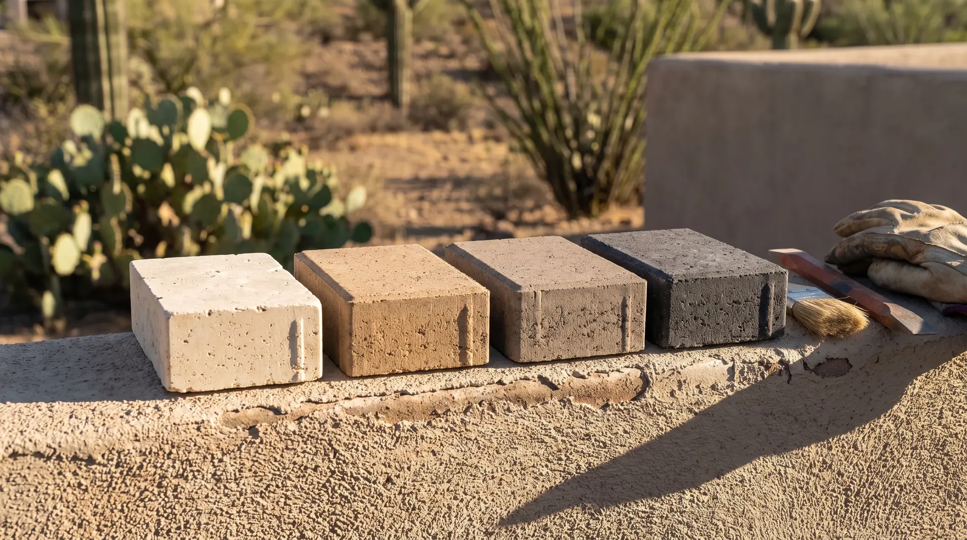 Light and dark paver samples side by side in sun