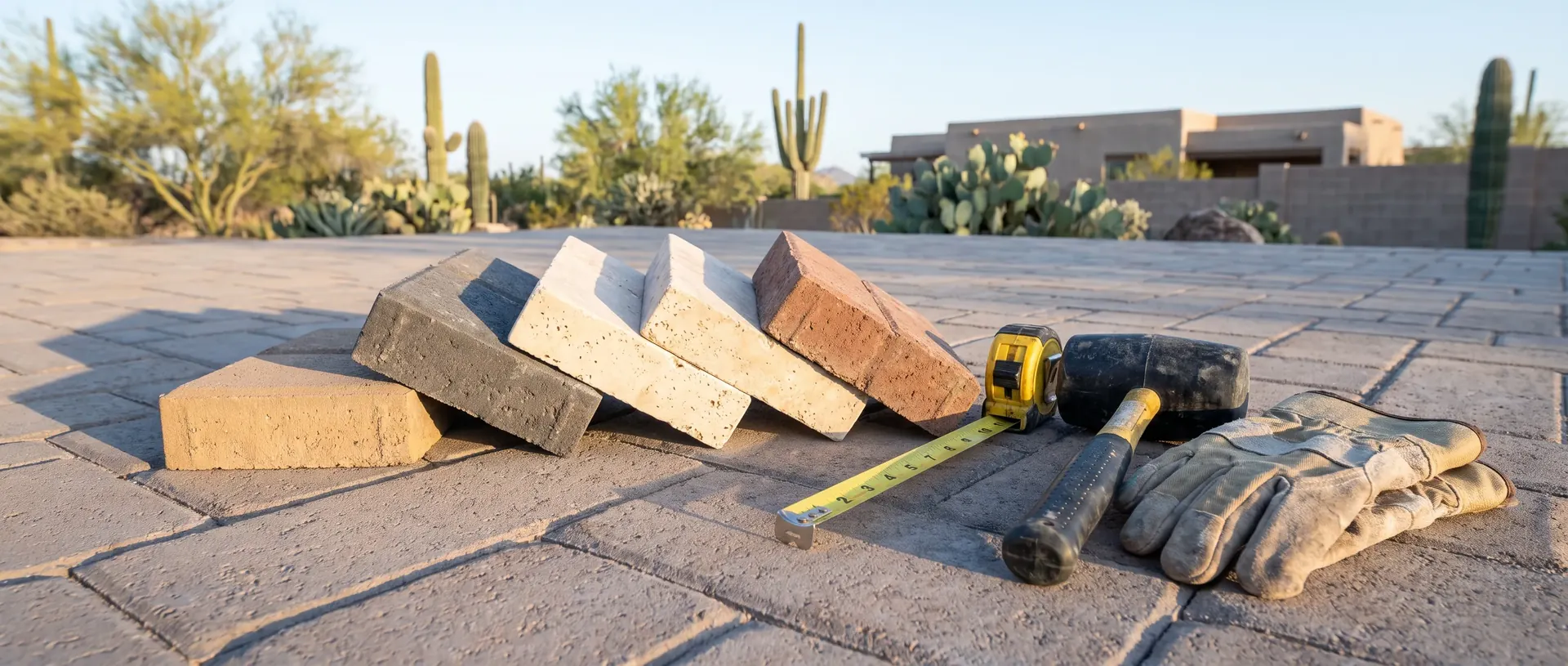 Paver samples and a tape measure on a swept surface