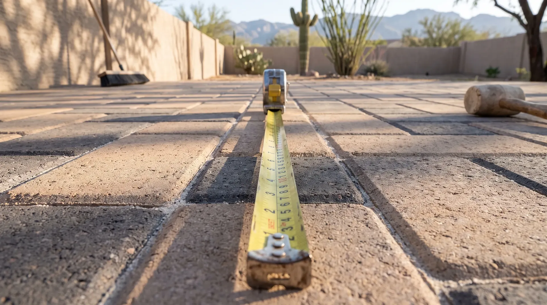 Tape measure laid across a paver patio surface