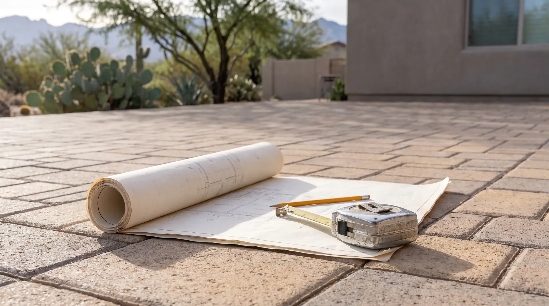 Site plan and tape measure on a paver surface