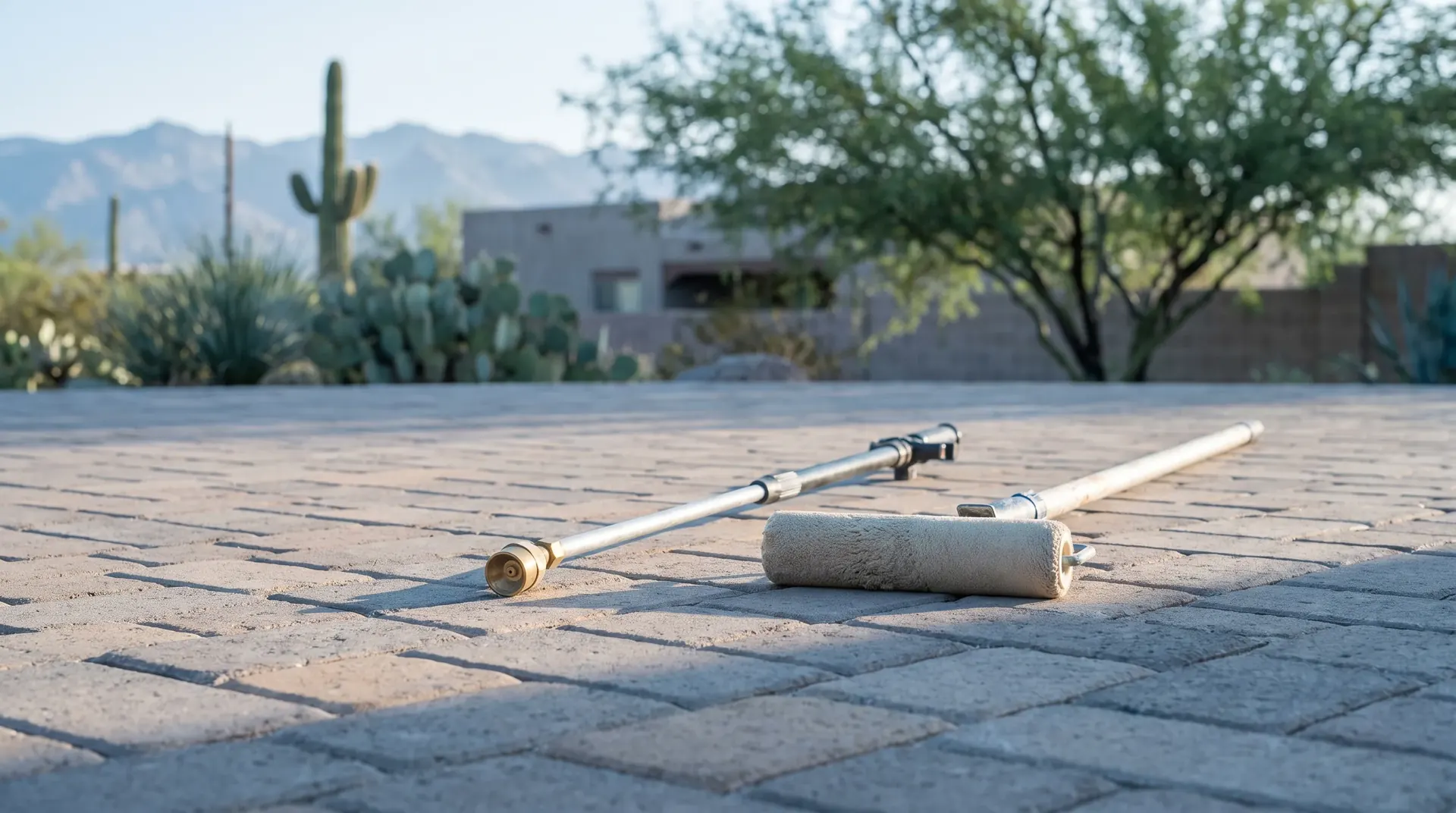 Sealer sprayer and roller resting on a paver surface