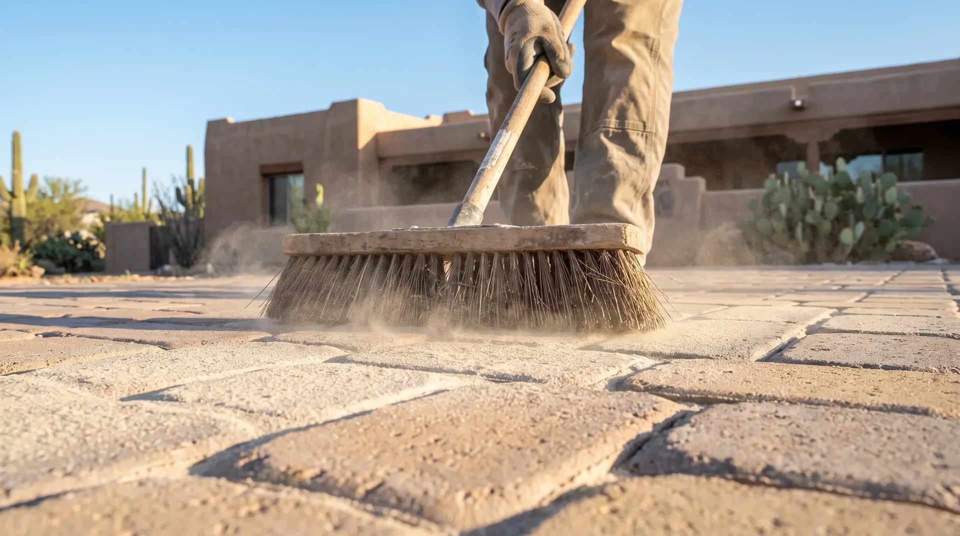 Polymeric sand being swept into open paver joints