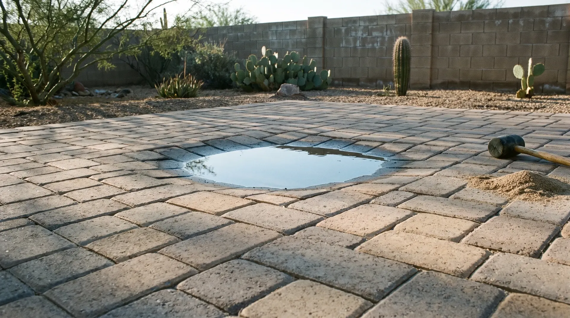Dished settled area in an established paver patio