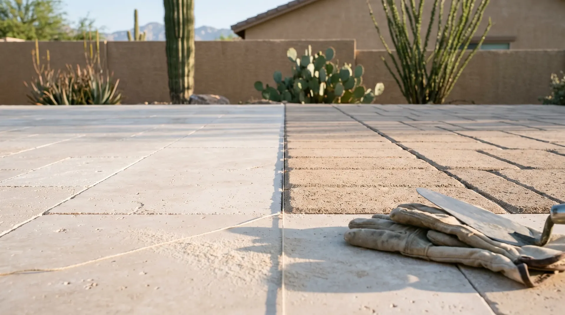 Travertine and concrete pavers meeting side by side