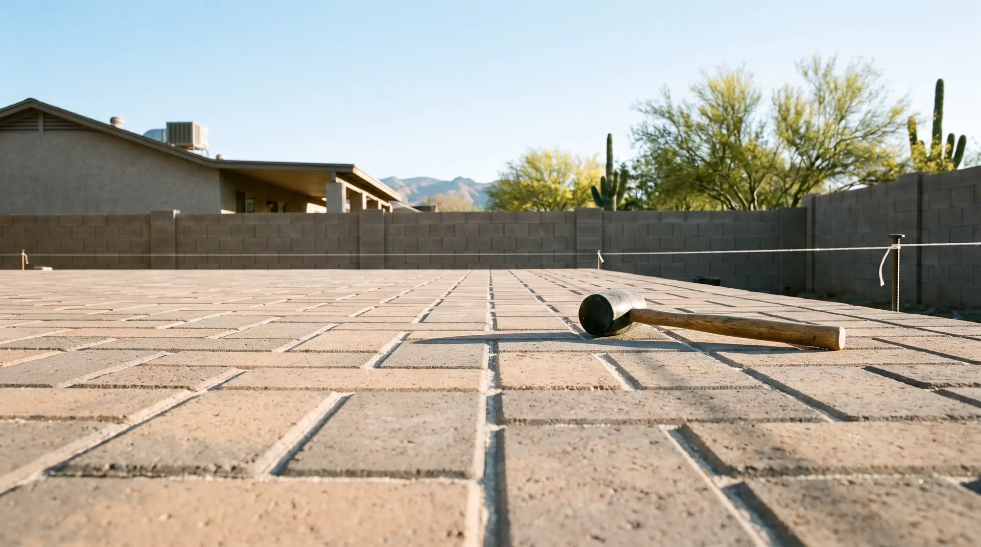 Paver patio laid to a string line in a Tucson back yard