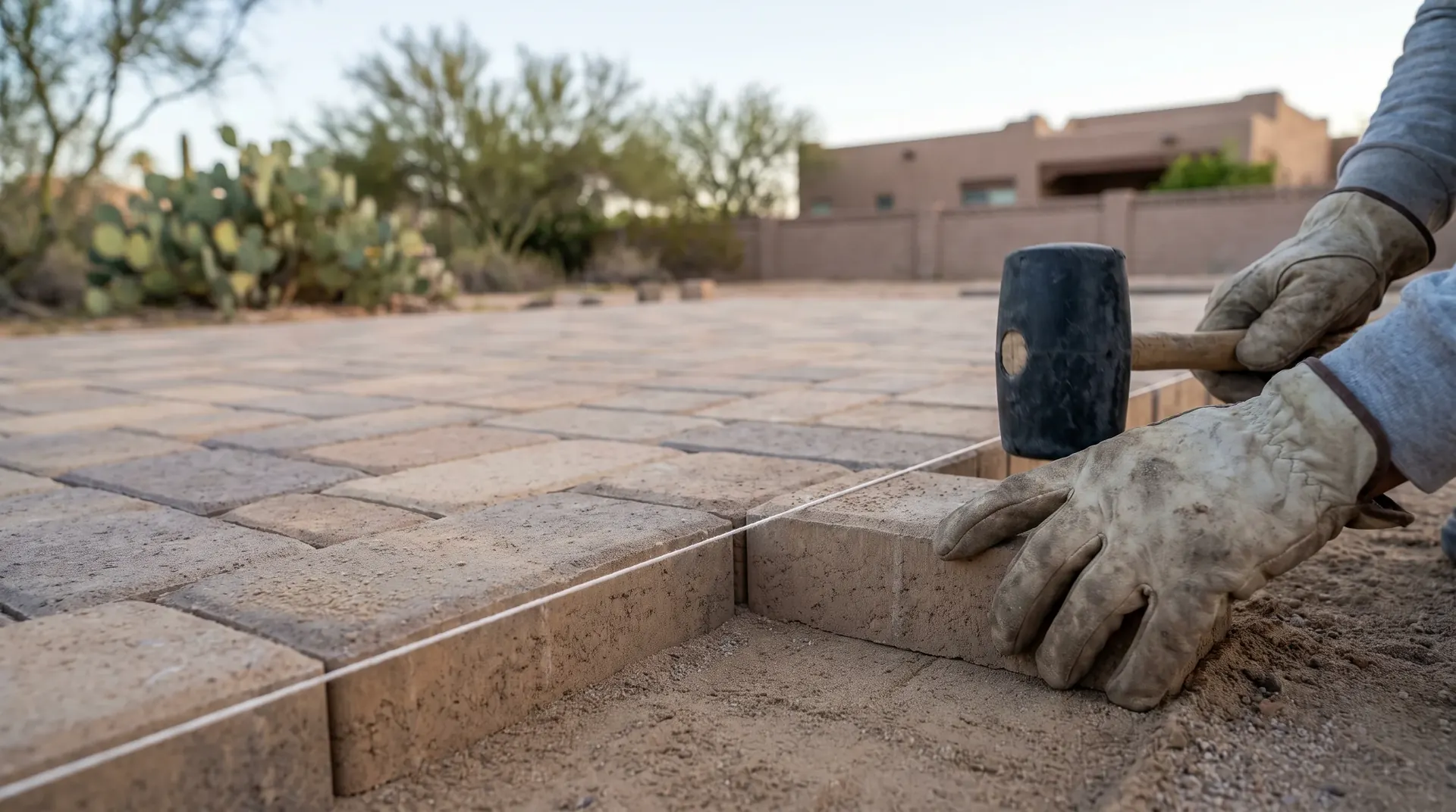 Setting a paver to the line with a rubber mallet