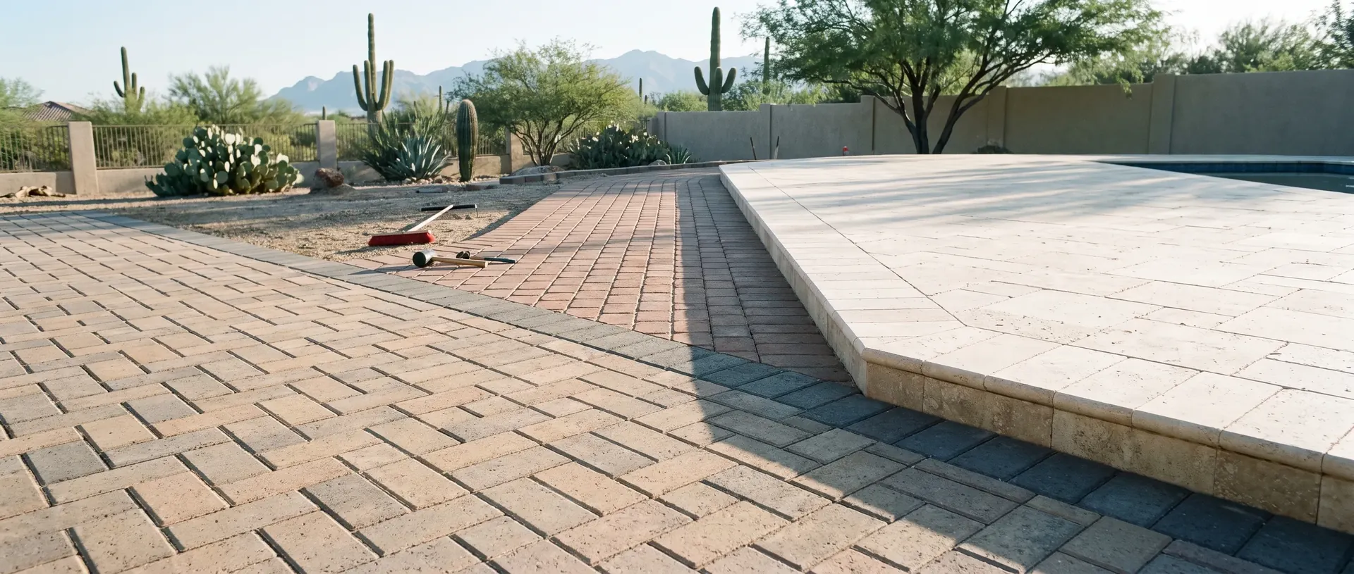 Paver patio, path and pool deck meeting in one Tucson yard