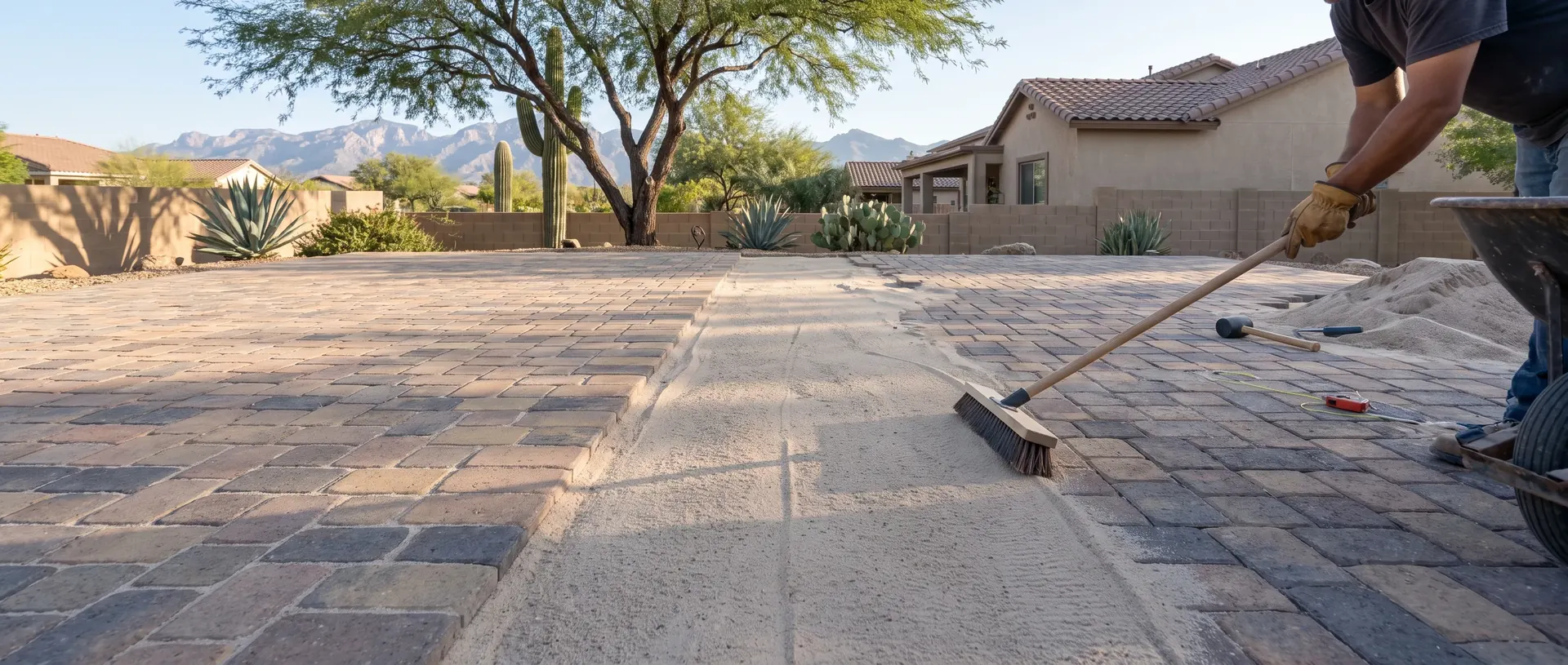 Joint sand swept across a Tucson paver patio