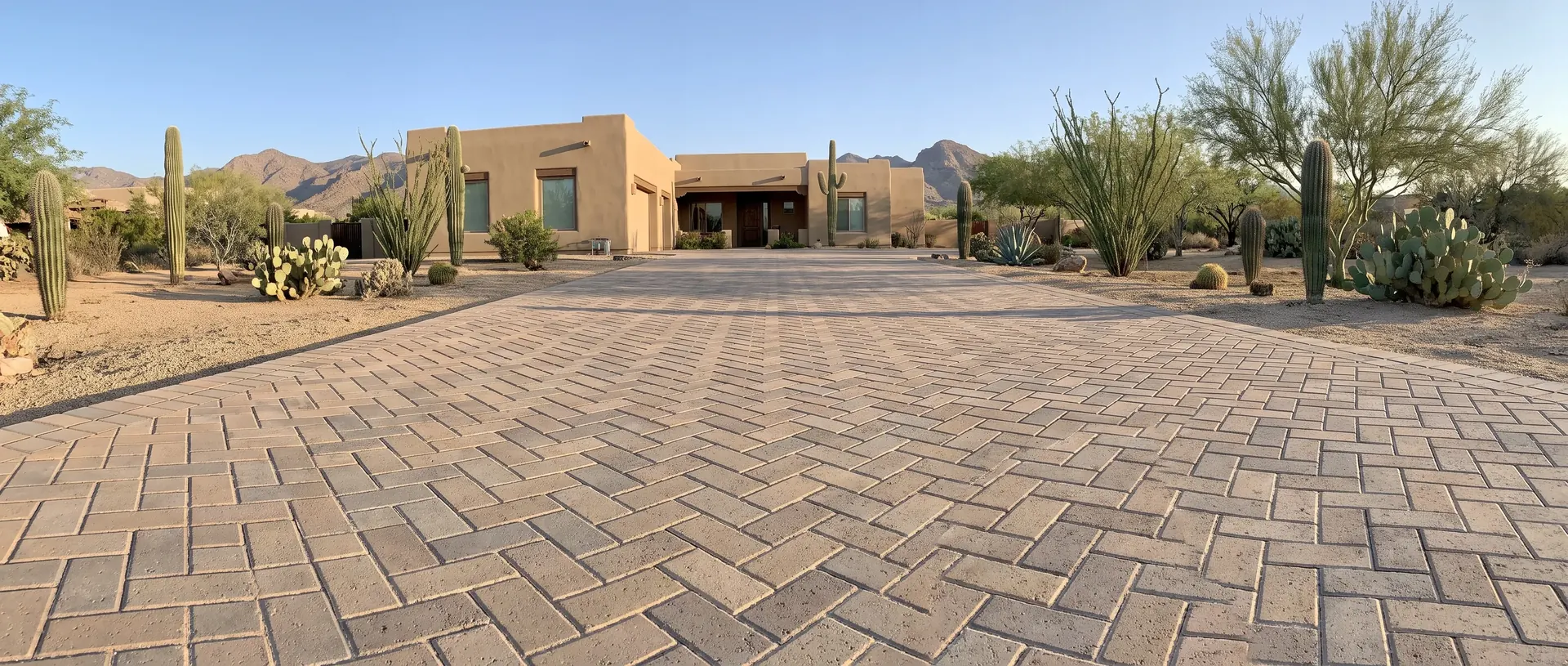 Paver driveway laid in herringbone at a Tucson home