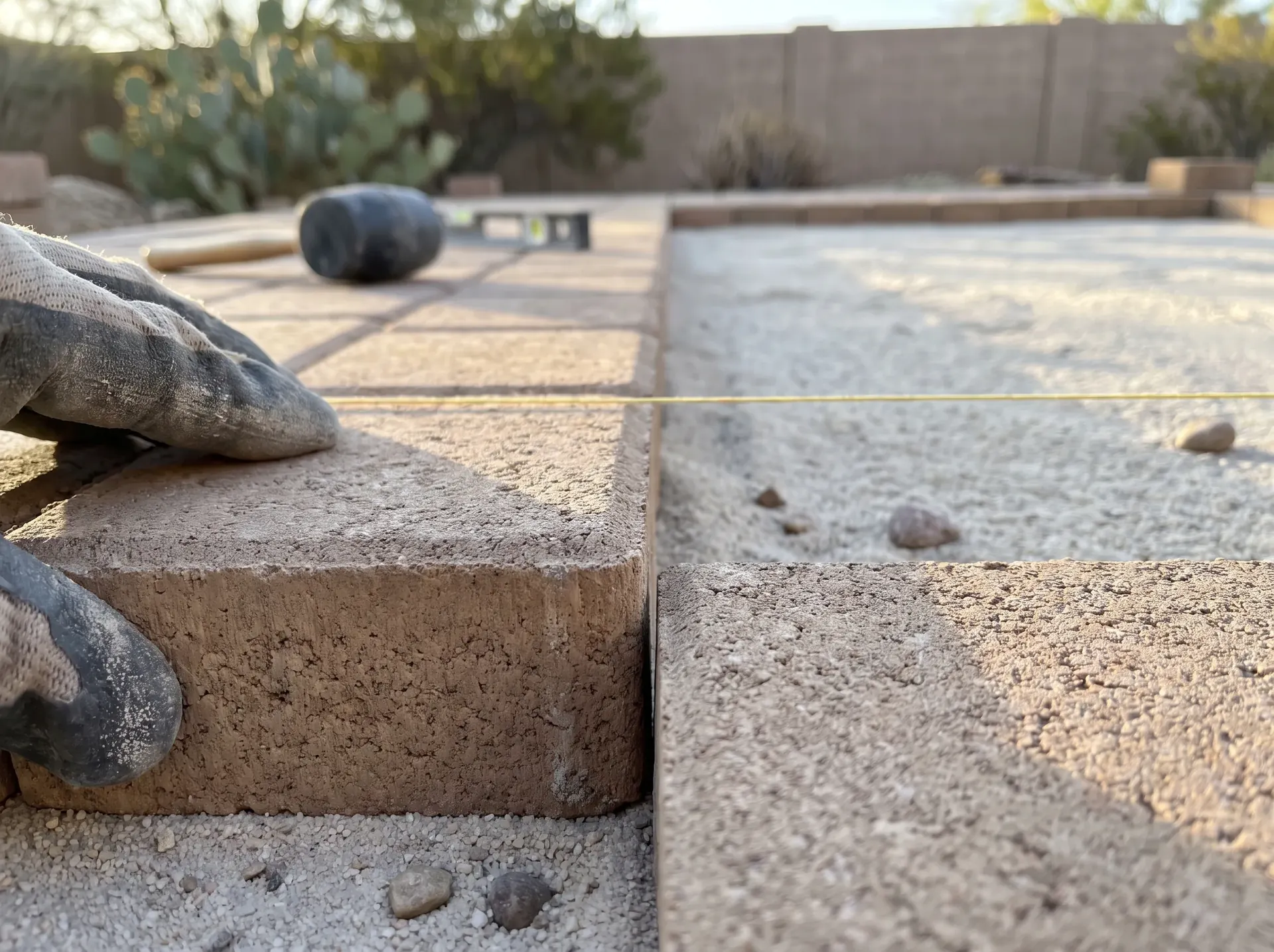 Paver set tight against its neighbour on the string line