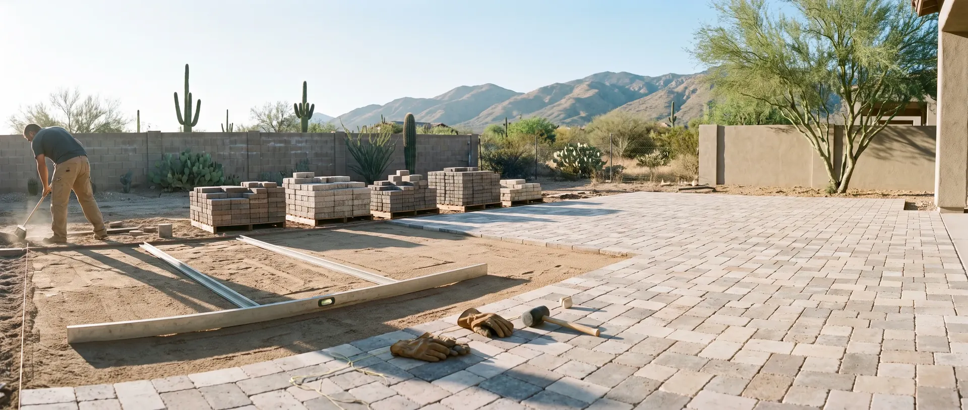 Paver patio being laid out in a Tucson back yard