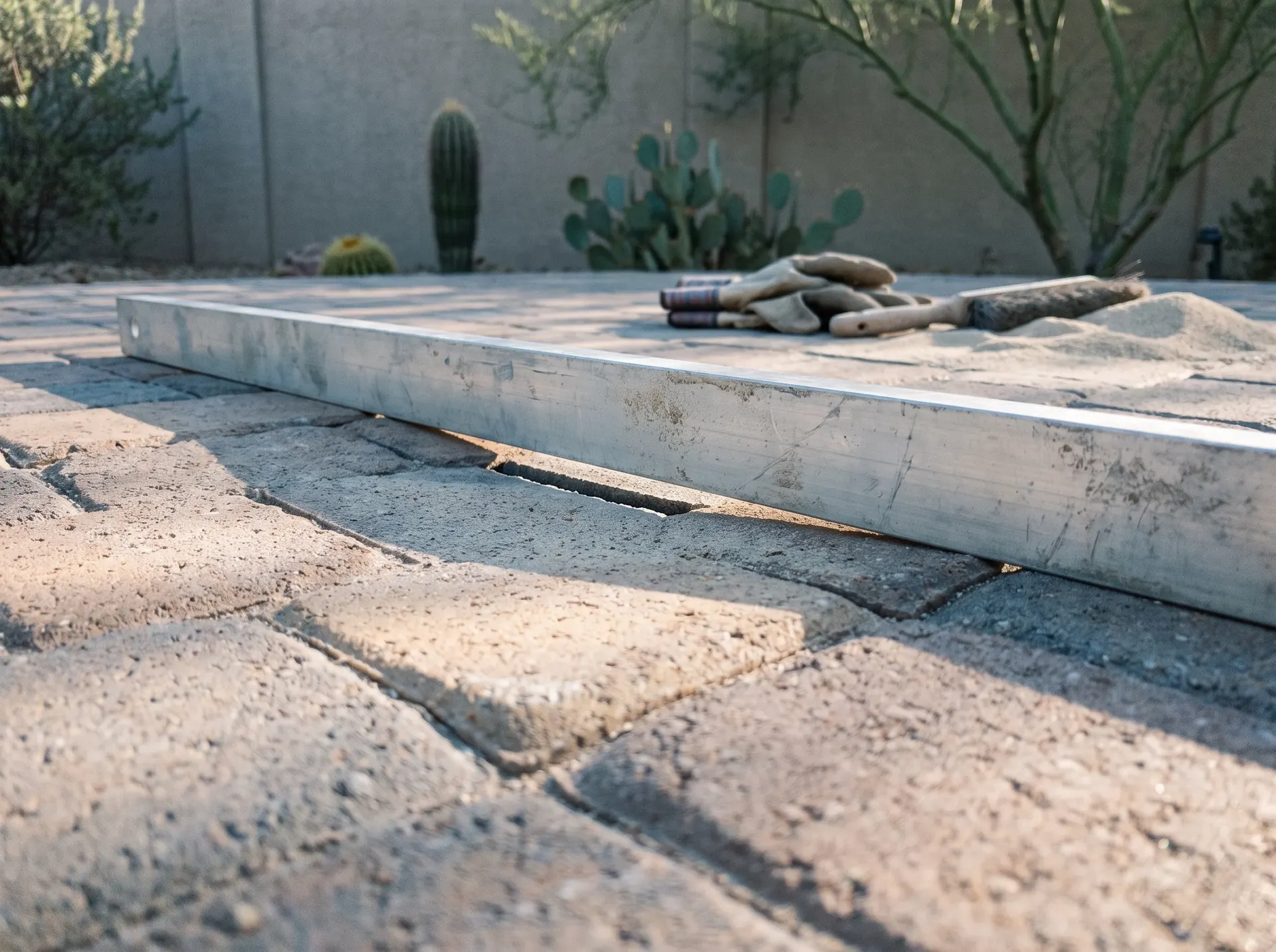 Straightedge laid across a settled paver area
