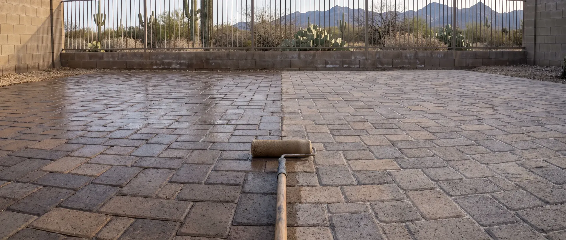 Sealer being applied across a Tucson paver patio