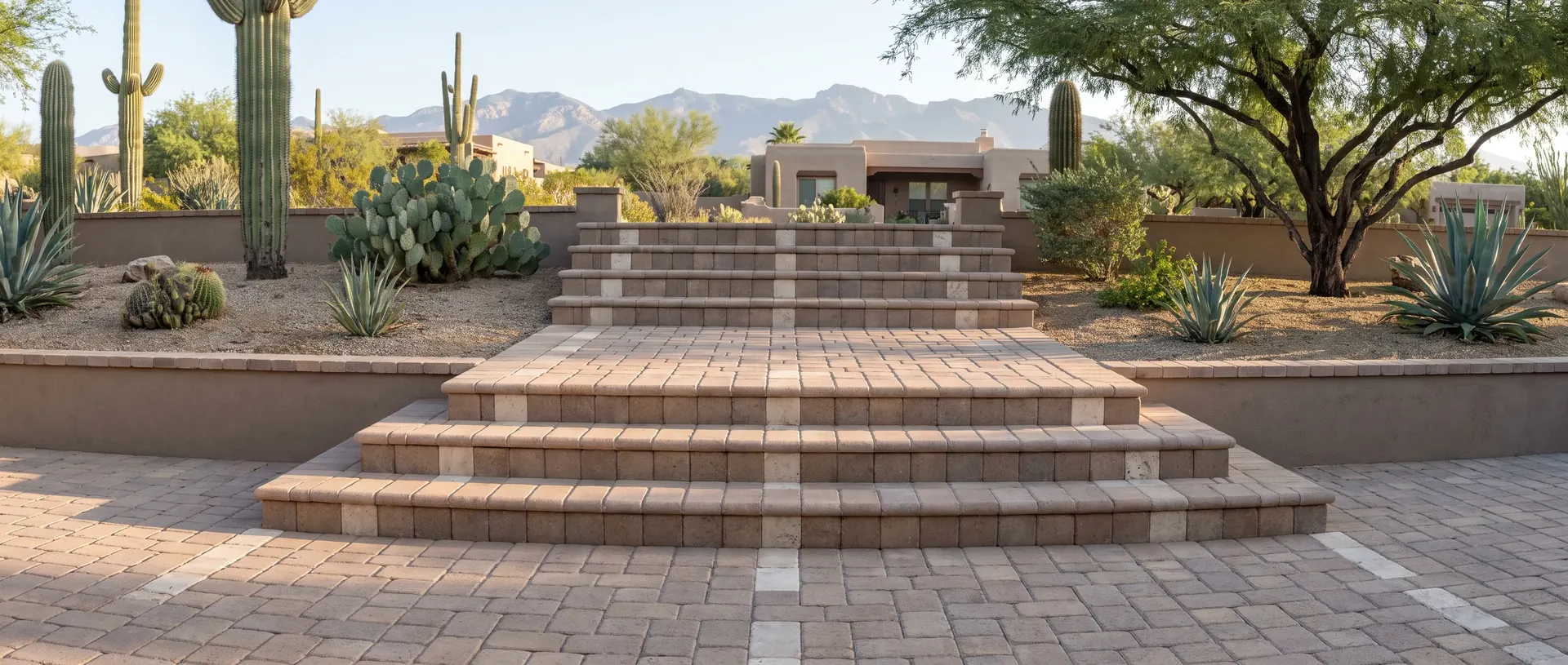 Paver steps and landing rising through a Tucson yard