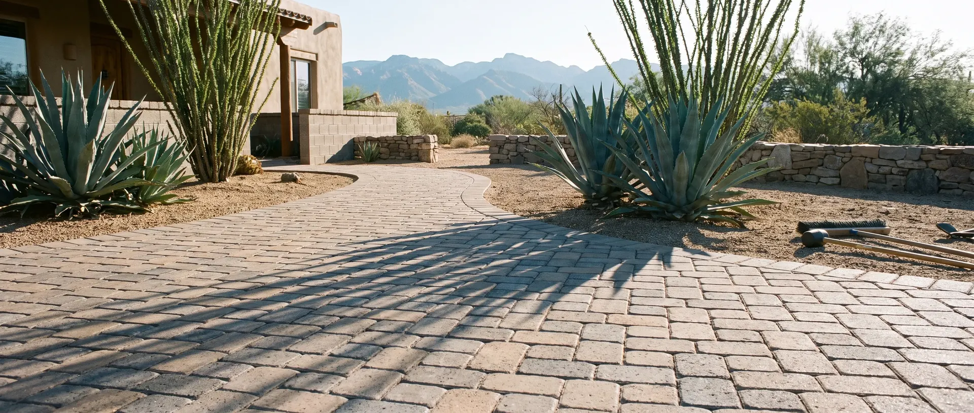 Curved paver walkway leading to a Tucson entry