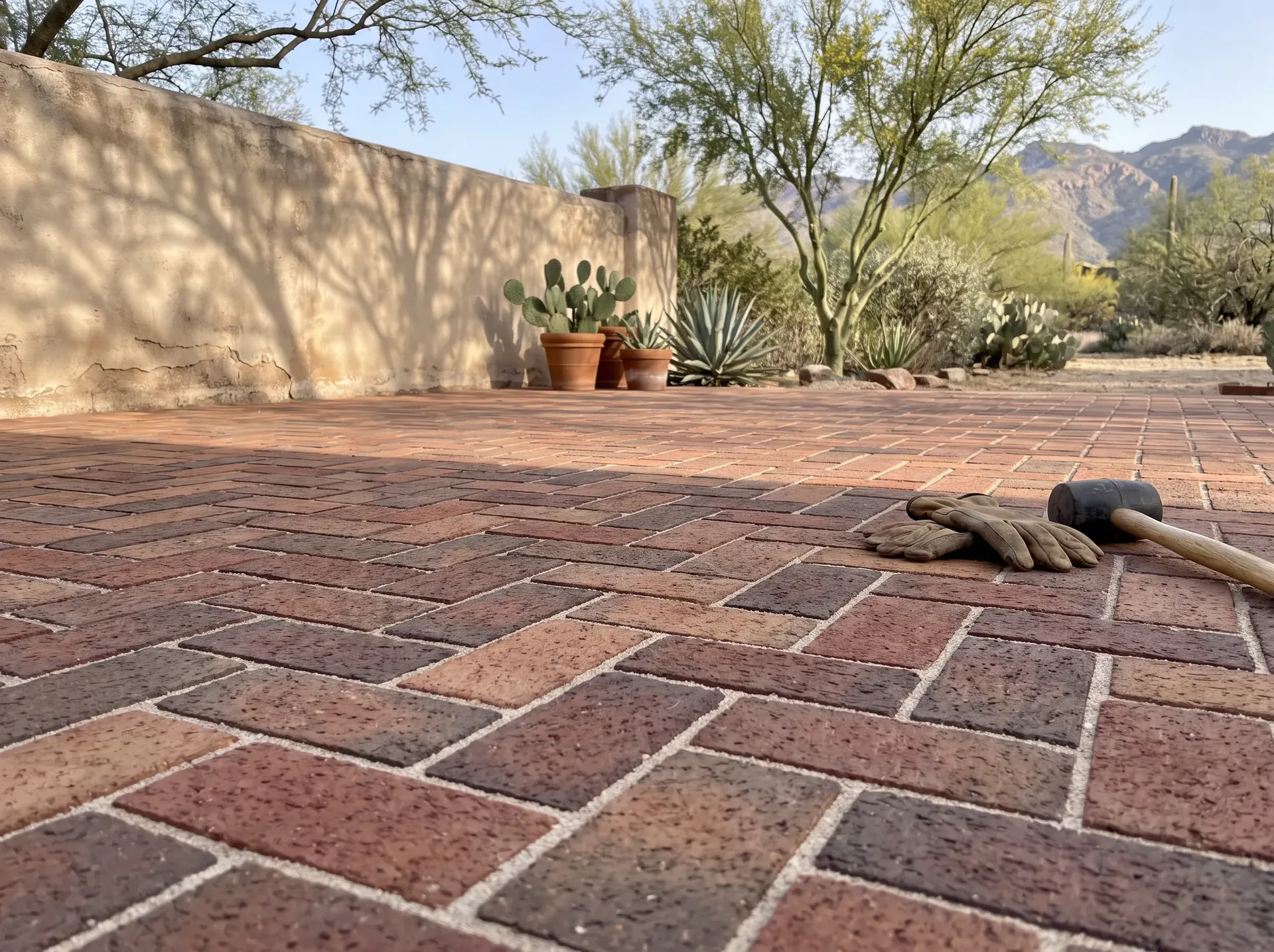 Clay brick paving in a running bond pattern
