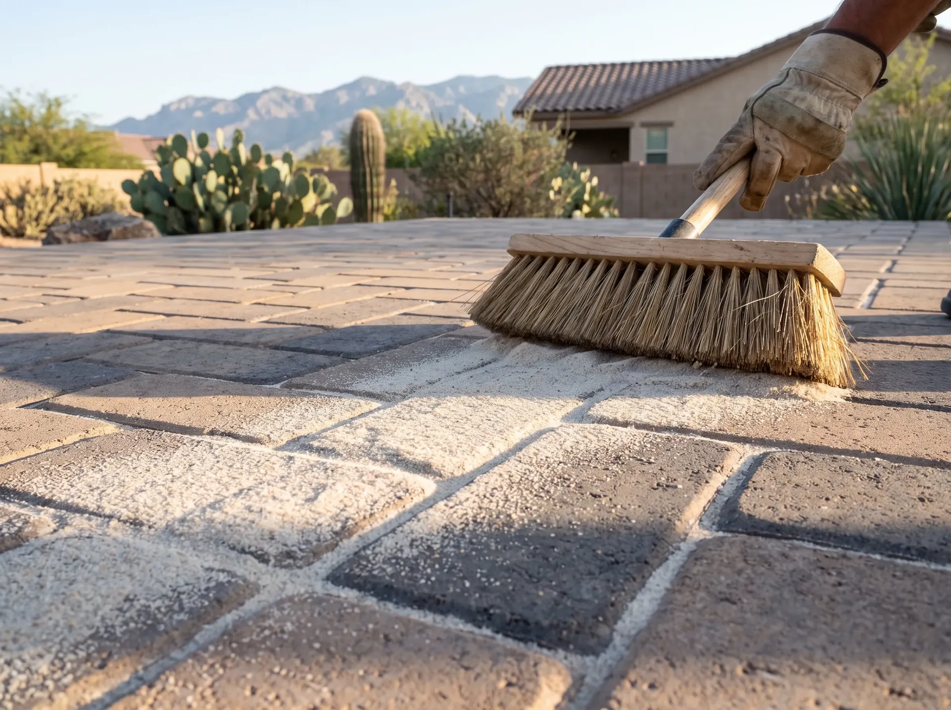 Joint sand being swept into paver joints