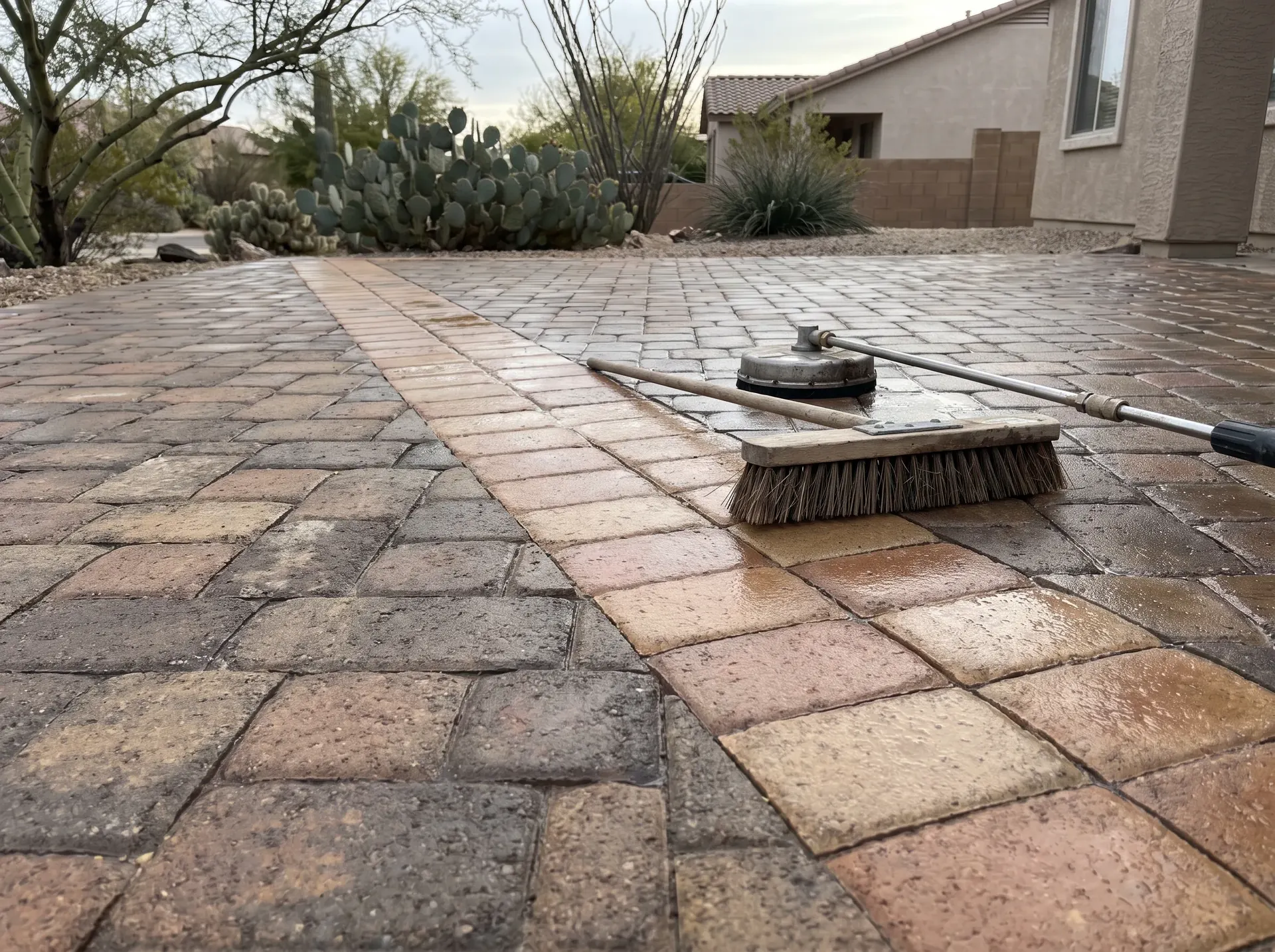 Half cleaned paver surface showing the difference