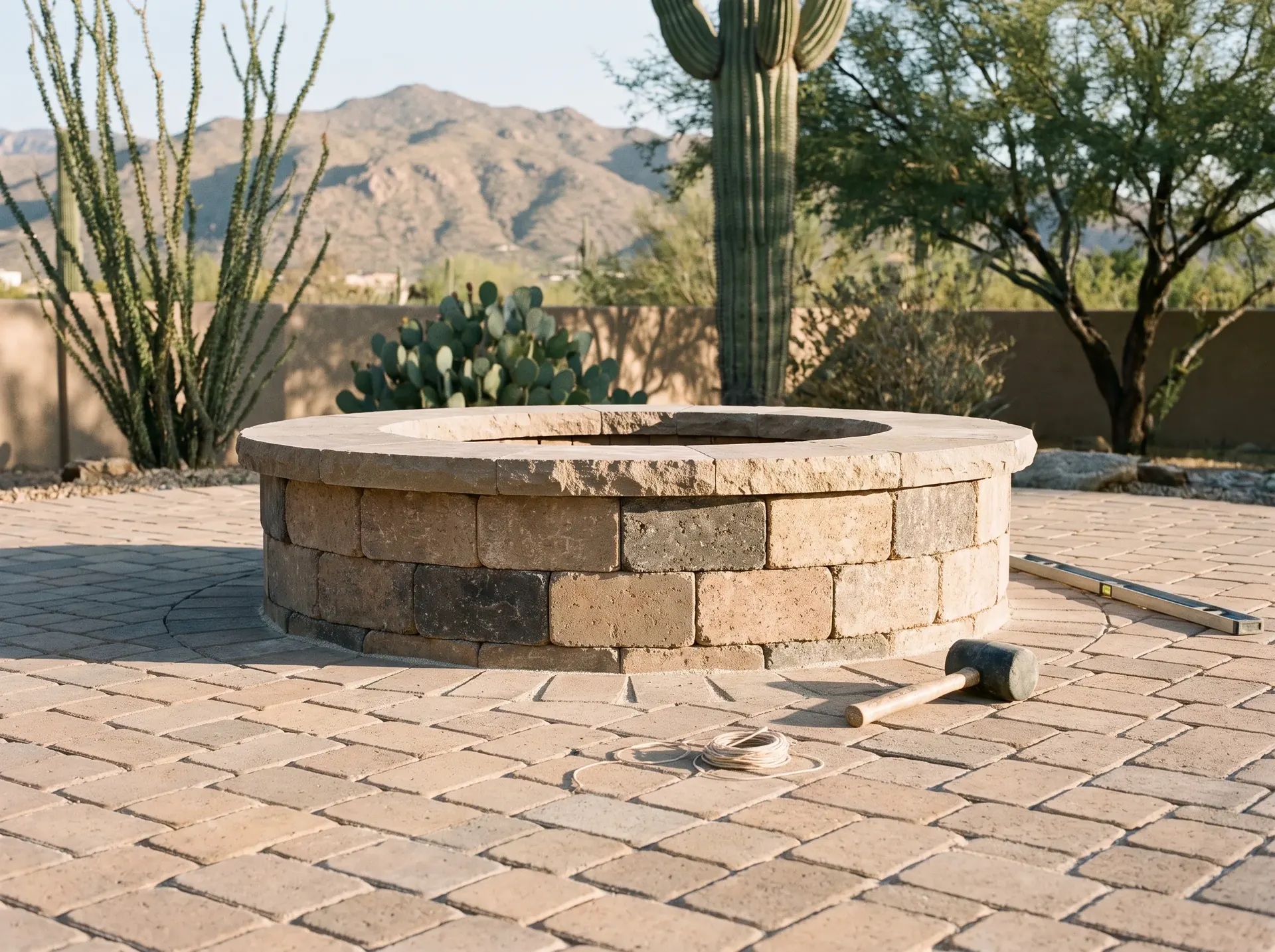 Circular paver fire pit set into a patio