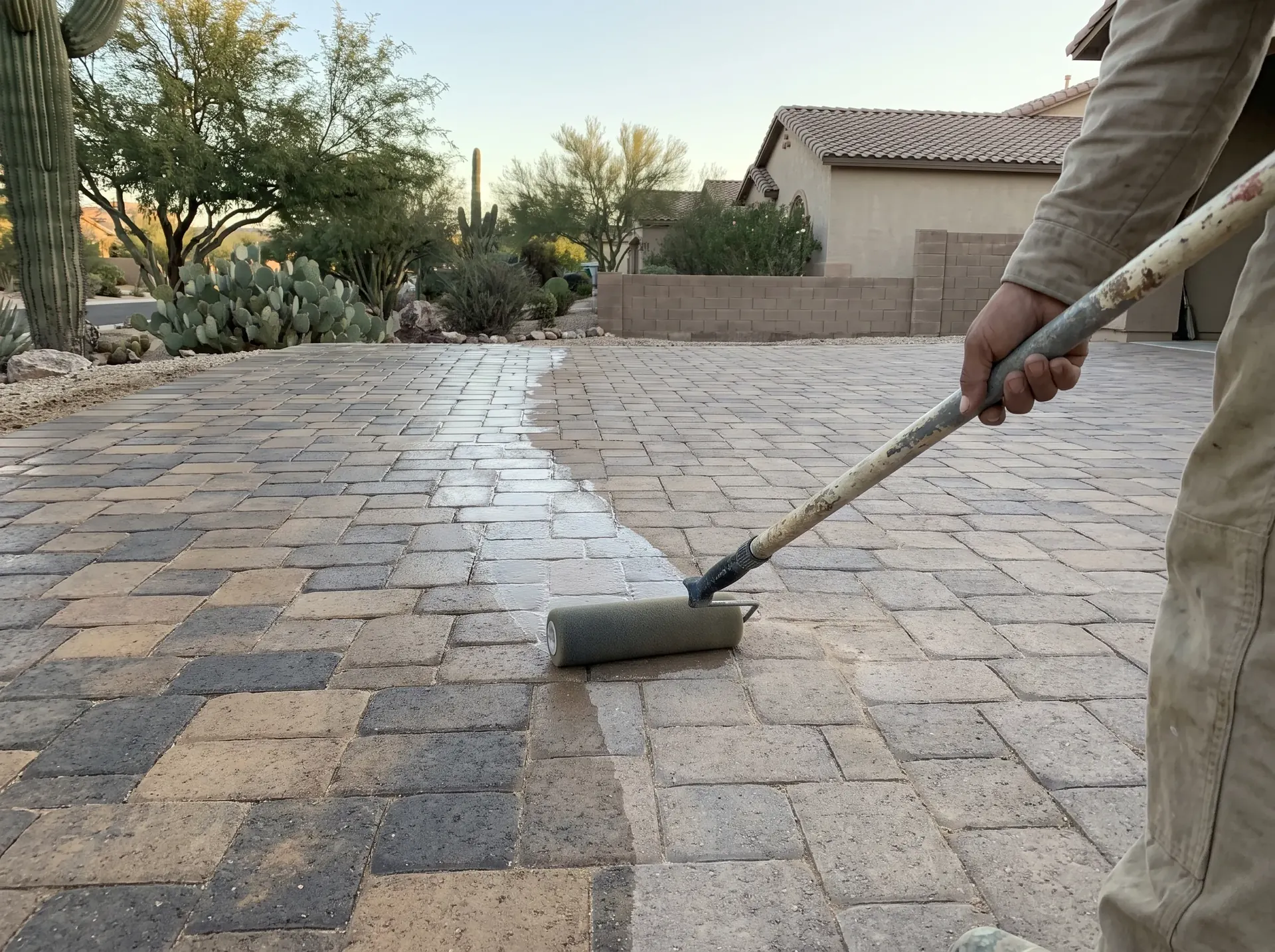 Sealer being rolled onto a paver surface