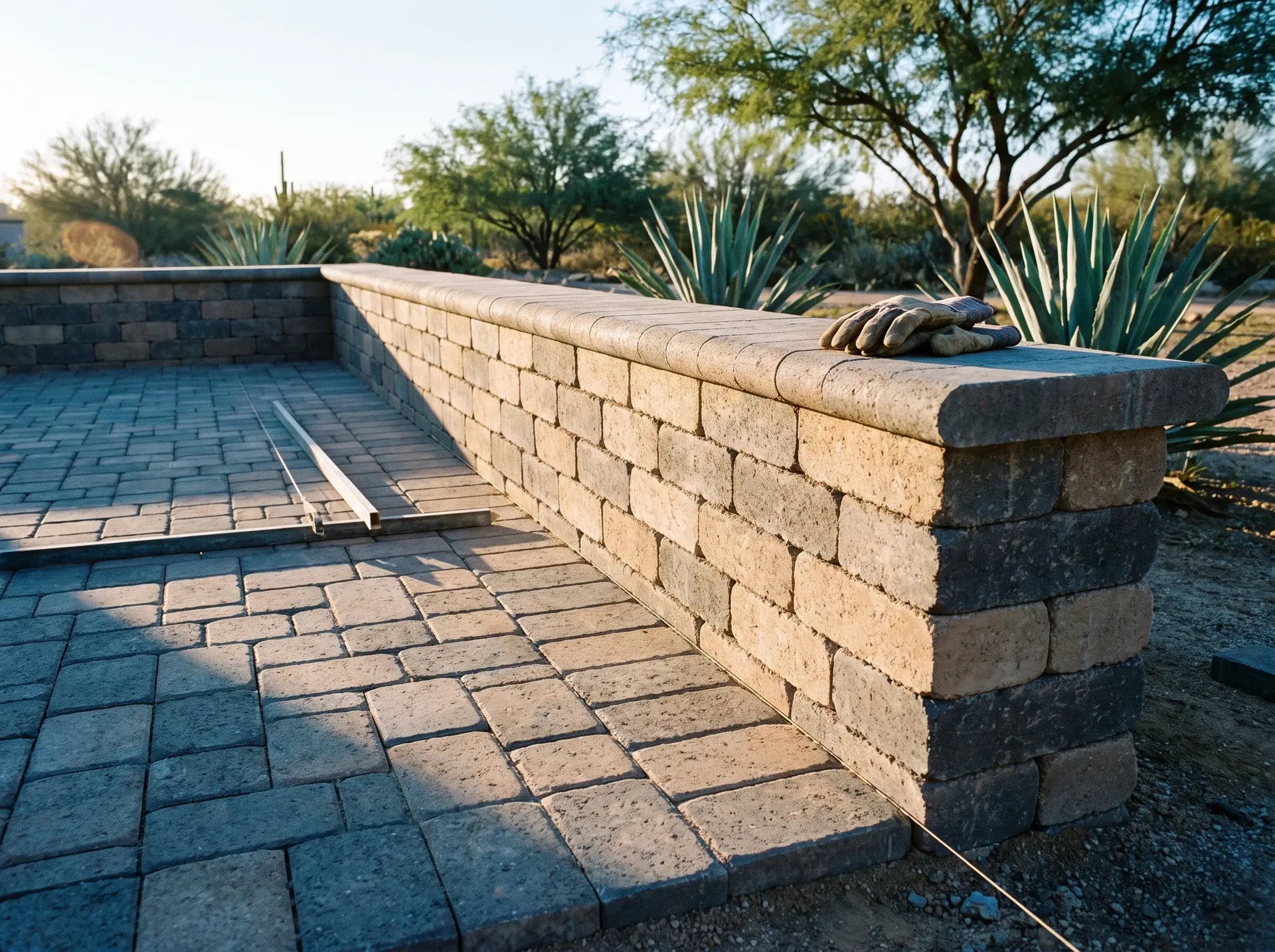 Low paver seat wall along a patio edge