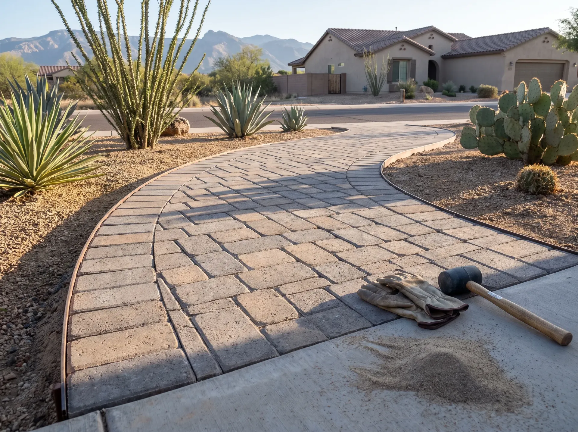 Curved paver walkway through desert planting