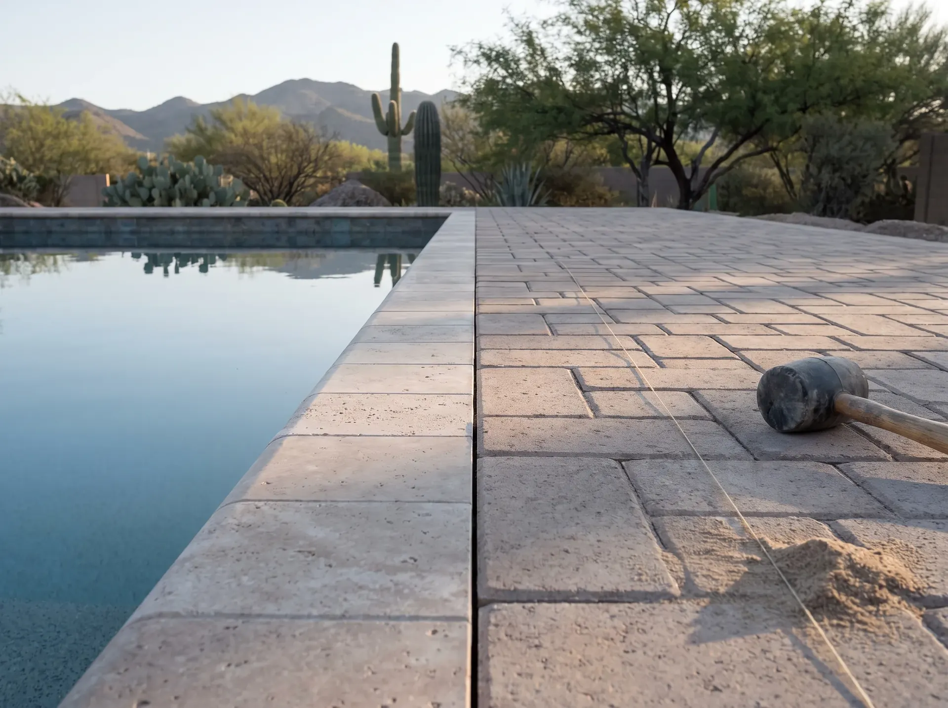 Paver pool deck and coping beside clear water