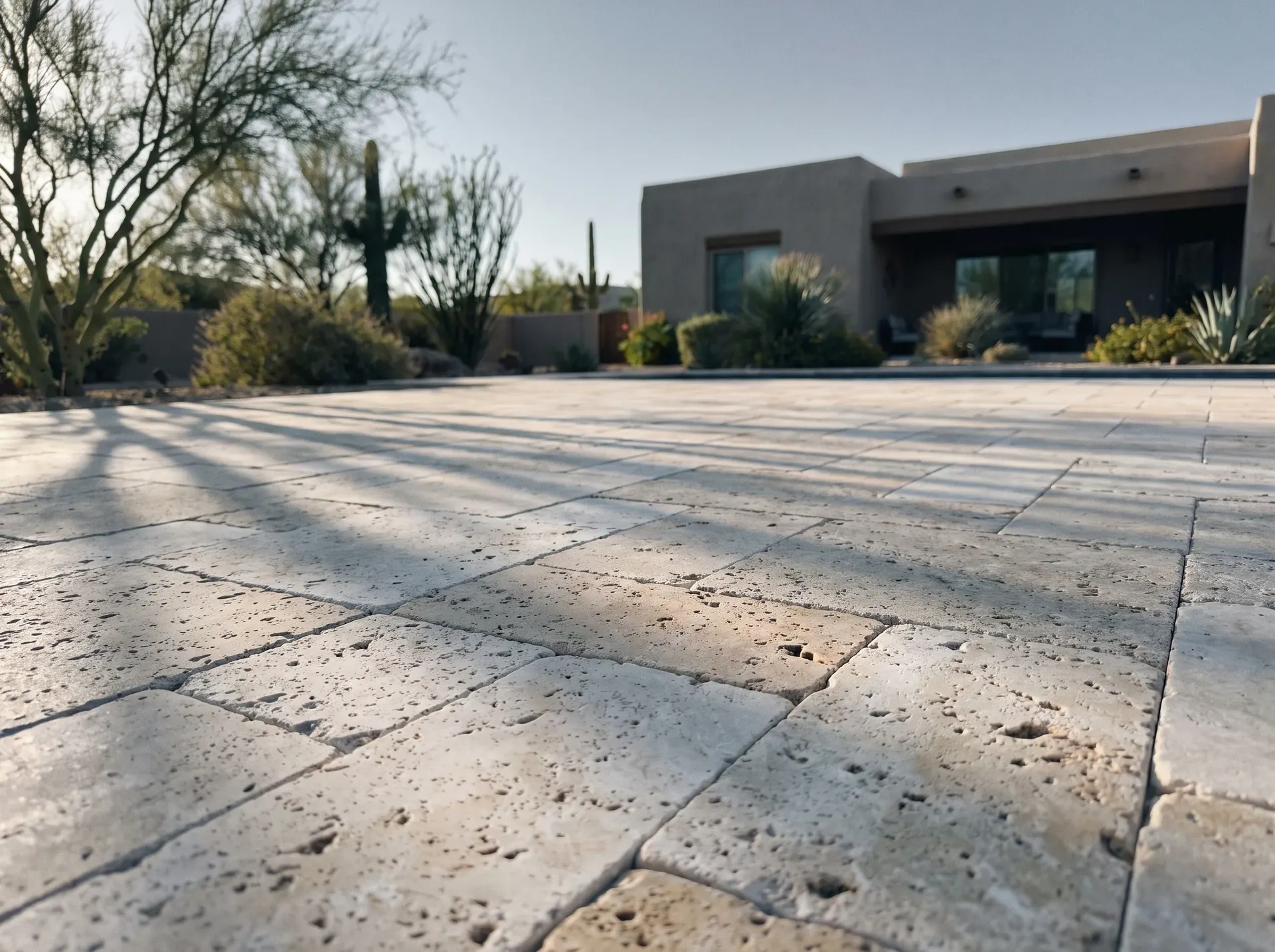 Cream travertine paving on a Tucson patio