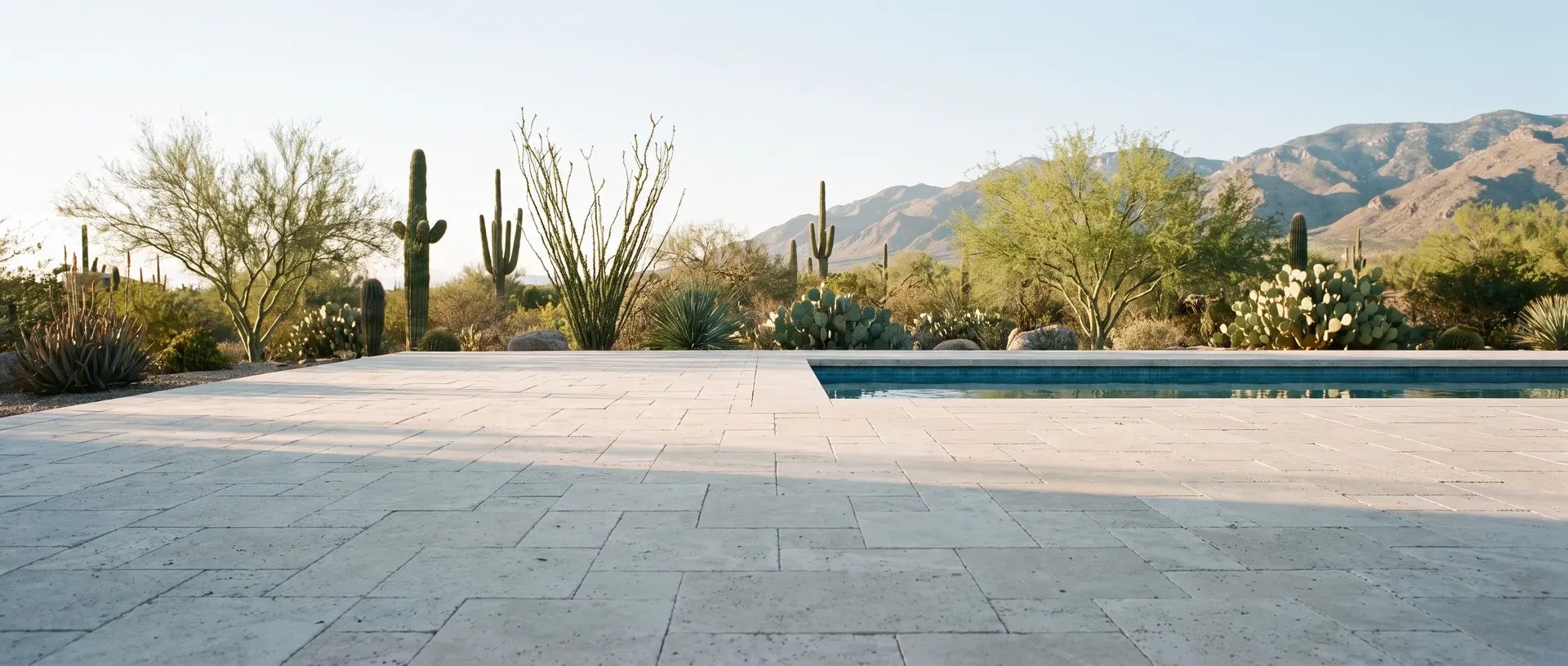Travertine patio and pool deck in a Tucson yard